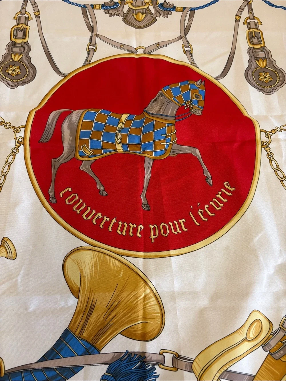 Vintage Jean de Bahrein Classic Equestrian Horse Print Square Scarf Red Border